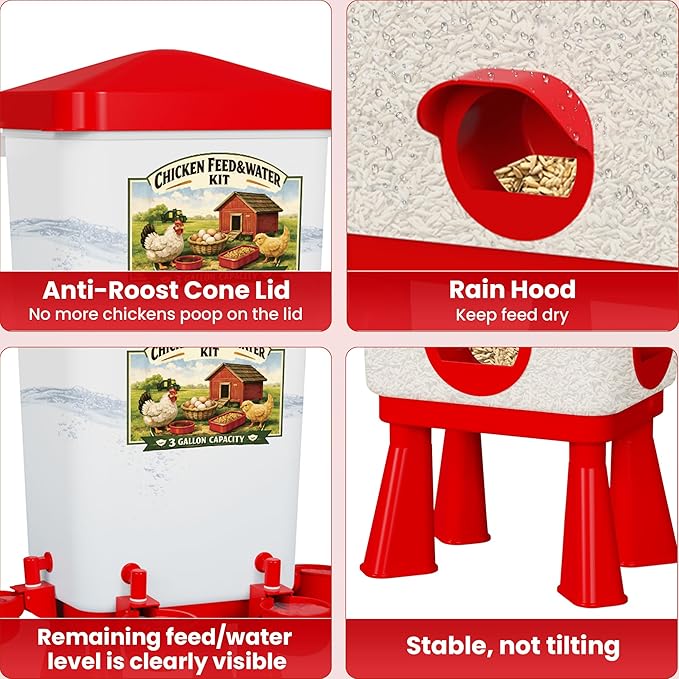 Erinaik Chicken Feeder and Waterer Set, 3 Gallon/16 LB Automatic Poultry Feeding System with Hanging Option, No Waste Feeder Ports & Water Cups, BPA-Free, Ideal for Hens Ducks and Poultry (RED2)