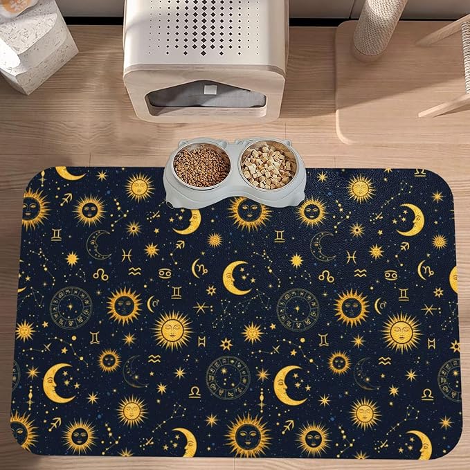 Boho Chic Art Golden Sun Moon and Stars Over Blue Black Sky Pet Mat for Food and Water Non Slip Easy Clean