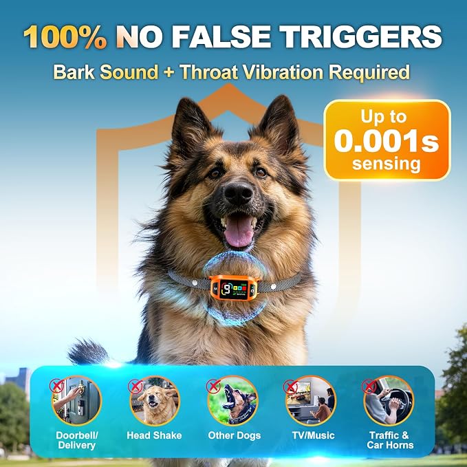 Bark Collar AI Dual-Detection, Instant Quiet Anti Bark Device 4 Training Modes, 30-Day Battery, One-Click Peace, 9 Sensitivity Automatic Bark Collar for Small Medium Large Dogs, Bright Orange