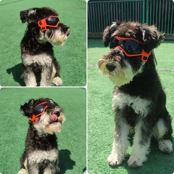 PETLESO Dog Goggles for Small to Medium Breed, Anti-UV Dog Sunglasses Outdoor Riding Driving Hiking, Pet Glasses Windproof Anti-Fog Dustproof Snowproof, Adjustable Straps, Medium Orange