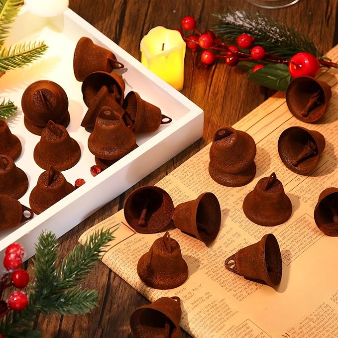 30 Pieces Craft Small Brass Bells for Crafts Mini Vintage Bells with Spring Hooks Tiny for Hanging Wind Chimes Making Dog Training Doorbell Wedding Decor, 1.65 x 1.5 Inch(Rusty Color)