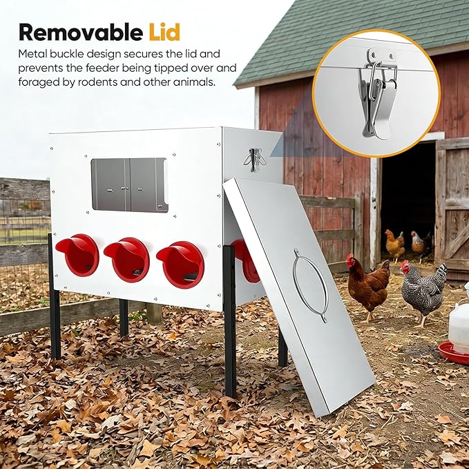42 lb Large Automatic Chicken Feeder with Window - 8 Port No Waste Design, Rodent Proof Chicken Feeder, Galvanized Heavy-Duty Outdoor Metal Feeder, Weatherproof Silo for Hens, Ducks, Geese, Poultry