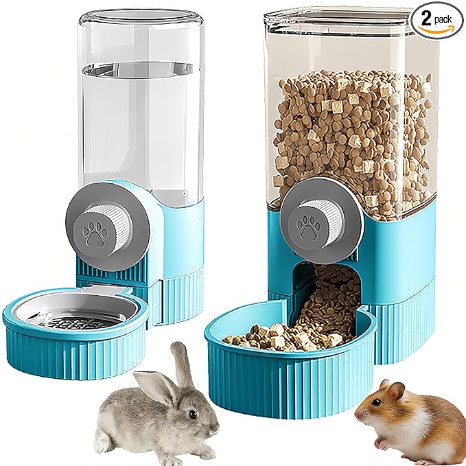 Hanging Automatic Pet Feeder and Water Dispenser Set, 40oz Gravity Food Feeder & 17oz Water Bottle for Rabbit, Guinea Pig, Ferret, Chinchilla - Cage Mount Small Animal Feeding Supplies (Blue)