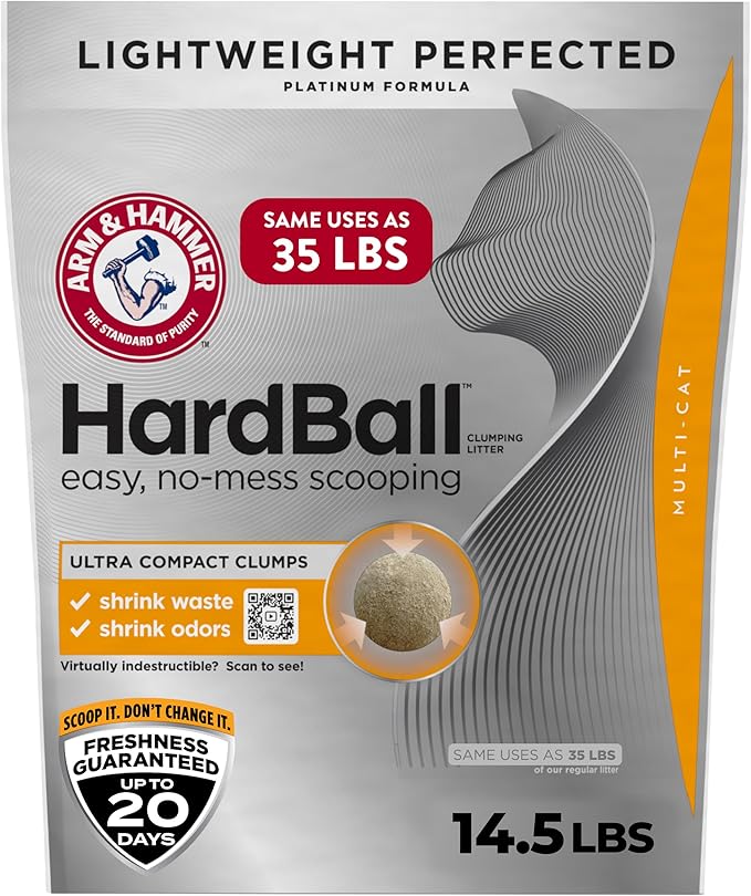 ARM & Hammer Hardball Lightweight Platinum Multi-Cat Clumping Cat Litter Odor Control, Easy No-Mess Scooping, Garden Bloom Scent, 14.5 Lbs.
