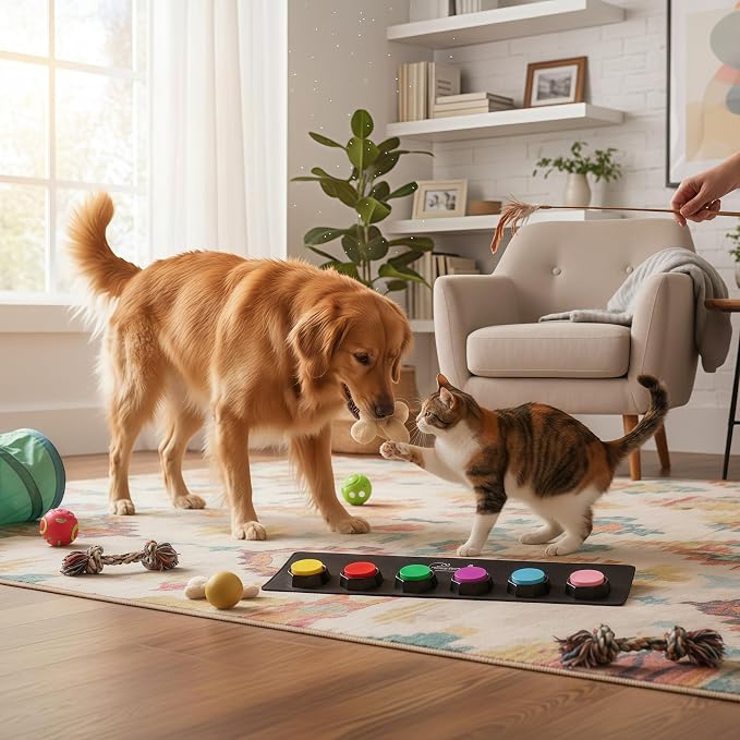 BOSKEY 6 Dog Buttons for Communication Pet Talking Buttons Starter Set Dog Speaking Buttons 50 Stickers Recordable Button One Waterproof mat