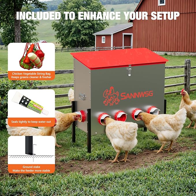 Chicken Feeders,126 lb Capacity 10 Port Automatic Chicken Feeder, Metal Chick Feeder with Locking Lid and Legs, Chicken Feeder for Chickens, Ducks, Geese