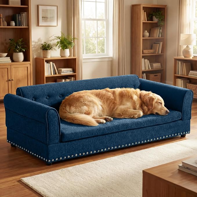 55" Dog Sofa for Medium to Large Dogs, Button Tufted Dog Couch Bed with Backrest and Armrests, Durable Memory Foam Pet Bed, Removable Cushion for Medium and Large Dogs, Blue