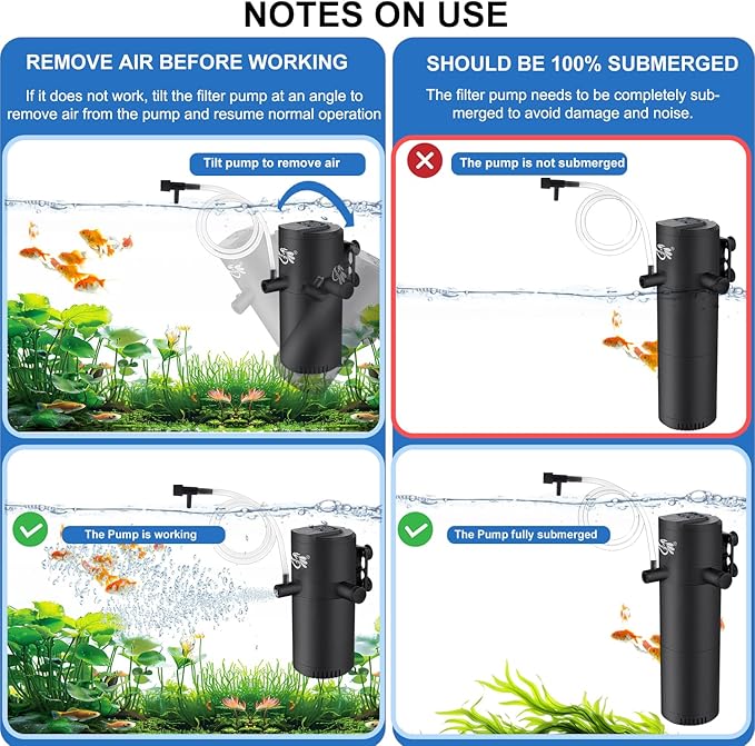 Aquarium Filter for 30-70 Gallon Tank, Fish Tank Filter with Wave-Maker Oxygenation Circulation, Adjustable Air Flow Filter for Freshwater & Saltwater, 4 in 1 Submersible Filter (12W)