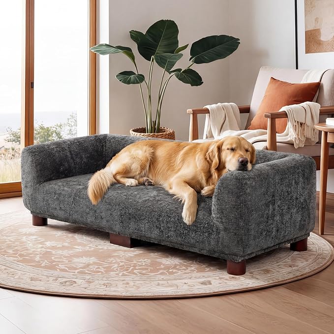 Dog Couch Sofa for Large & Extra Large Dogs, Elevated Pet Bed with Legs, Button Tufted Chenille Dog Couch with Backrest and Armrests, Modern Indoor Dog Furniture (Dark Gray, XL - 47" x 24" x 15")