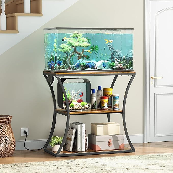 HavenlyYouth 20-29 Gallon Fish Tank Stand with Power Outlet, 3-Tier Aquarium Stand with Storage, Heavy Duty Metal Frame Tank Rack for Home Office, 31.5" L x 15.7" W x 30.4" H, Rustic Brown