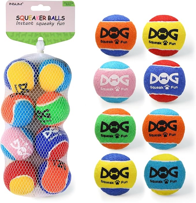 INSUM Small Tennis Balls for Dogs, 8 Pack Bright Color Squeaky Dog Balls, Built-in Squeaker, Idea for Doggie Birthday Gifts, Small Medium Breed