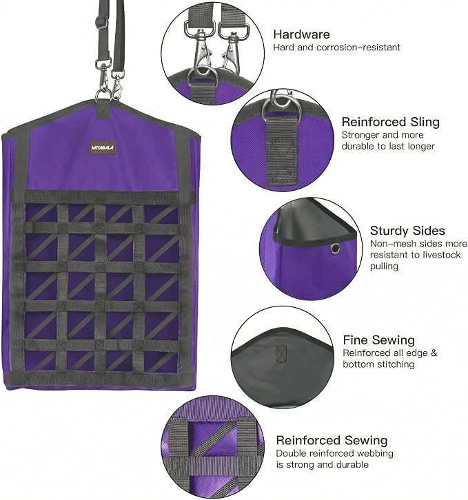 Ultra-Slow Feed Hay Bag for Horses, 3 Packs Hay Bags with Net Front Design,Wide Opening for Easy Filling,Two Types of Hanging for Feeding Goats, Sheep and Donkeys (1 Black+2 Purple)