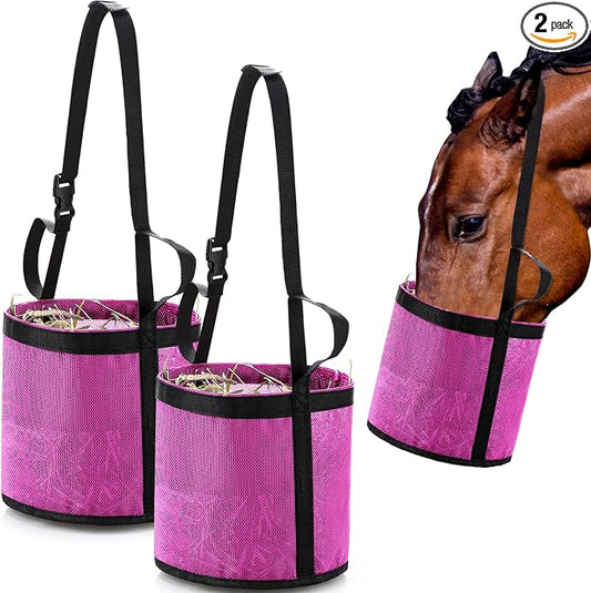 Sumind 2 Pcs Feed Horses Bag for Grain Hay Bags Heavy Duty Mesh Horse Feeder with Adjustable Strap Comfort Neck Pad Nose Pad and Waterproof Bottom Muzzle(Pink)