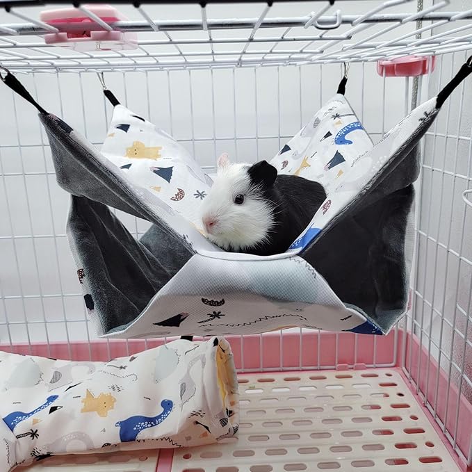 2Pcs Straps are Adjustable Guinea Pig Rat Hanging Warm Plush Hammock Ferret Cage Accessories for Small Animals Chinchilla Sugar Glider Ferret Squirrel (White Dinosaur)