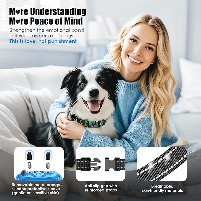 Smart AI Bark Collar for Large Medium Small Dogs, Anti Barking Device with 5 Training Modes, Exclusive Forced Bark-Stopping, Rechargeable IP67 Waterproof Bark Collar with 5 Sensitivity (Blue)