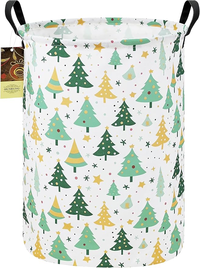 Collapsible Fabric Storage Basket, Waterproof Laundry Hamper with Handles, Round Storage Bin for Clothes Toys, Foldable Organizer for Bedroom Nursery Bathroom(Round-Christmas tree)