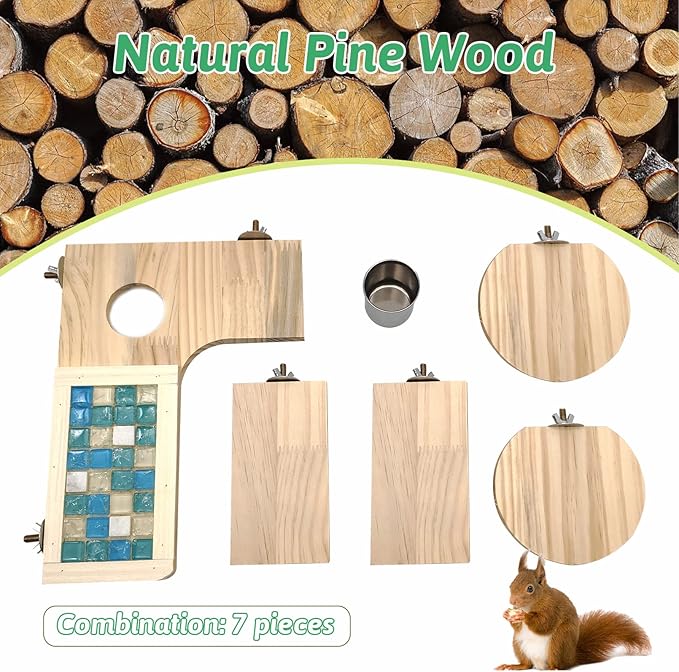 BNOSDM Wooden Hamster Cage Platform Set Wood Chinchilla Ledges and Platforms Rectangle L-Shaped Round Cage Accessories with Cooling Standing Board&Food Cup for Mouse Squirrel Gerbil Guinea Pig