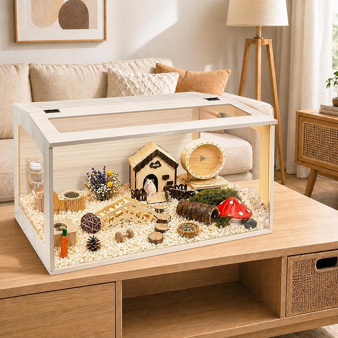PROLEE Hamster Cage with Chewproof Wood Top, Guinea Pig Cages, Hamster Habitat with Clear Acrylic Sheets Solid Built, Small Animal Cage (Oak, 24X15.5X15.5 inch)