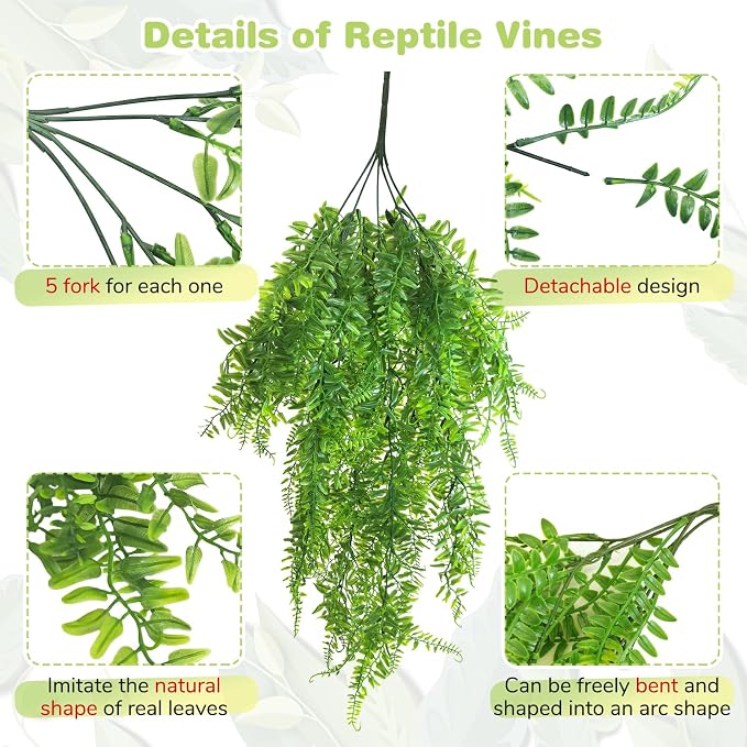 PINVNBY Reptile Plants Hanging Fake Vines Boston Climbing Terrarium Plant with Suction Cup for Bearded Dragons Lizards Geckos Snake Pets Hermit Crab and Tank Habitat Decorations (4 Pack)