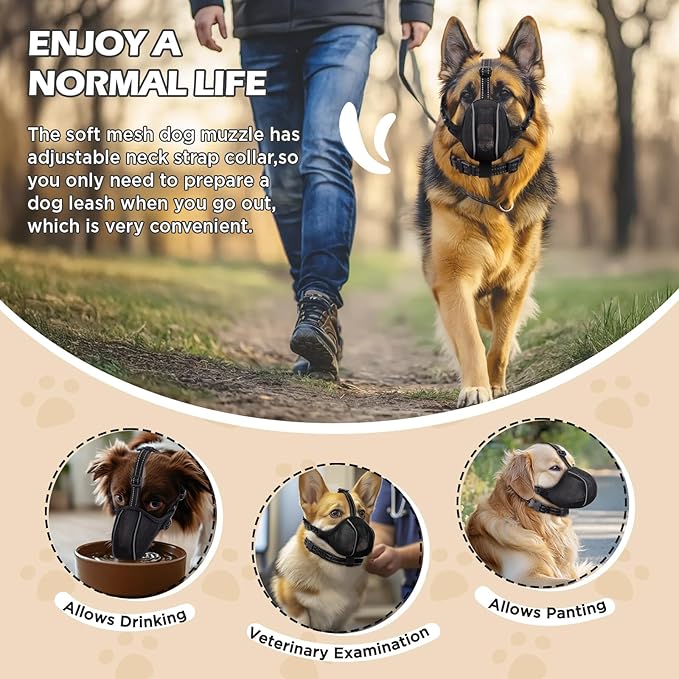 Dog Muzzle - Soft Breathable Mesh Nylon Adjustable Muzzle for Small Medium Large Dogs Prevents Chewing,Biting & Scavenging | Allows Panting, Drinking & Grooming | Secure Collar Strap Design(Black XL)