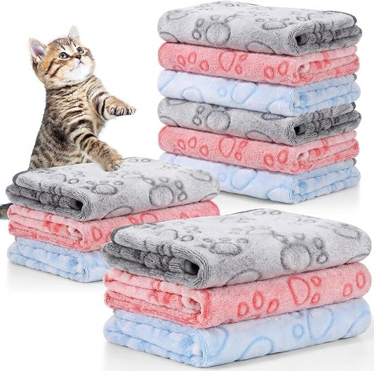 Tegeme 12 Pcs Pet Blankets 23 x 16 Inch Soft Fluffy Fleece Dog Cat Warm Paw Print Pattern Blankets Flannel Throw for Pets Dog Puppy Cat(Multicolor)