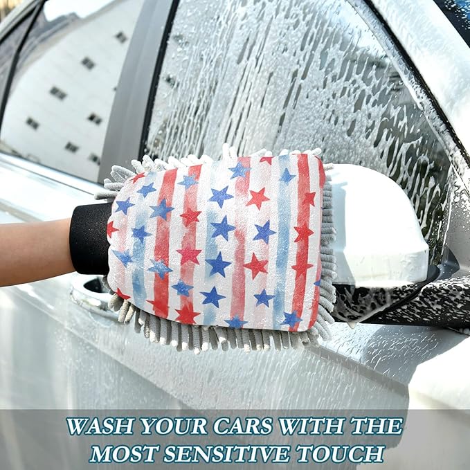 Car Wash Mitt Microfiber Wash Mitts for Car Washing Scratch-Free Cleaning Gloves Soft Non Absorbent Chenille Auto Hand Mitt Large 2Pack July 4th Stripes Stars White