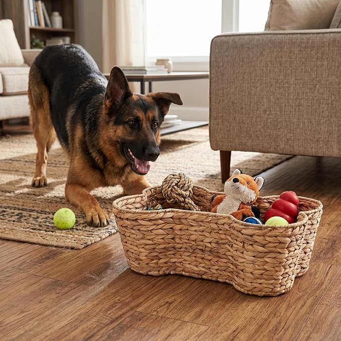 OtterPets Dog Toy Basket, Hyacinth Cat & Dog Bone Shaped Basket, Wicker Pet Toy Bin Organizer, Dog Toy Bin (Large (23"x15"))