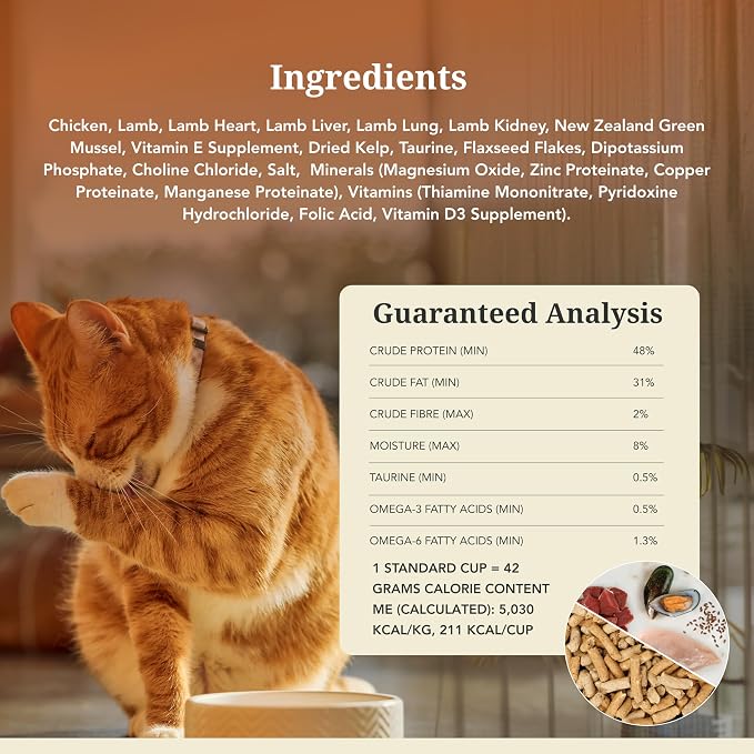 Feline Natural High Protein Dry Cat Food, Freeze-Dried Diet with 98% Meat, Organs & Seafood, No Peas, Grains, or Artificial Additives, Made in New Zealand, Chicken & Lamb, 3.5oz