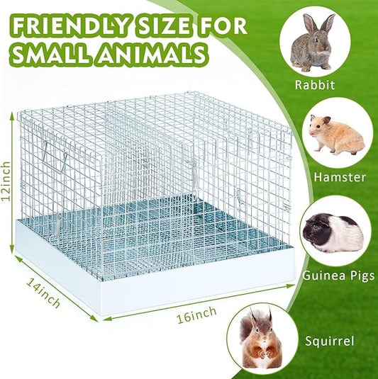 DoubleFill 2 Hole Folding Rabbit Transport Cage, Portable Bunny Carrier with Tray and Handles for Travel or Temporary Housing, Indoor Outdoor Pet Habitat Animal Enclosure(16 x 14 x 12 in)