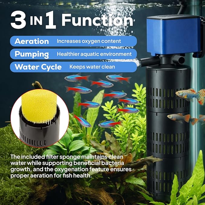 Aqua Dream 475 GPH Internal Aquarium Filter 3 in 1 Submersible Powerhead Pump with High-Volume Air Oxygenation & Sponge Filtration, 25W Adjustable Flow Water Cycling Pump for Large Fish Tanks - 2 Pcs