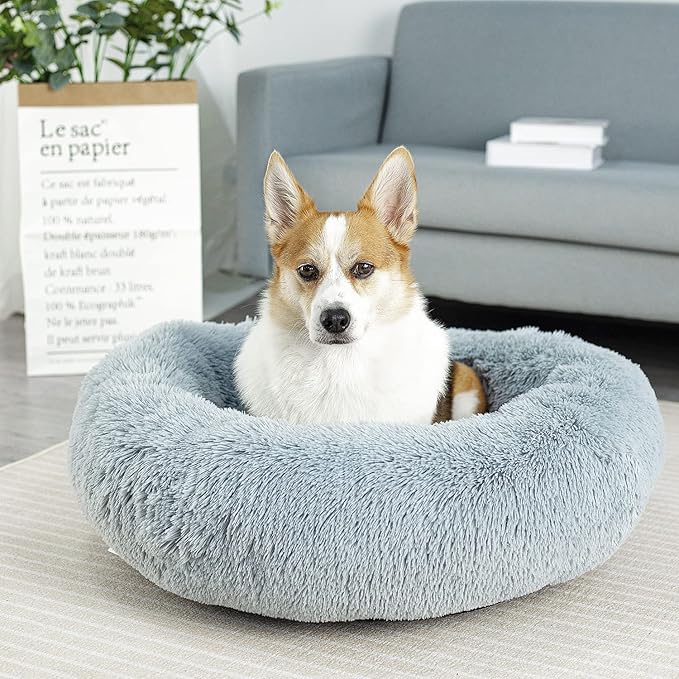 Anti Anxiety Round Fluffy Plush Faux Fur Warm Washable Dog Bed & Cat Bed, Original Bed for Small Medium Large Pets,Used to Relieve Joints and Improve Sleep（20"/24"/27''） (27", Light Grey)