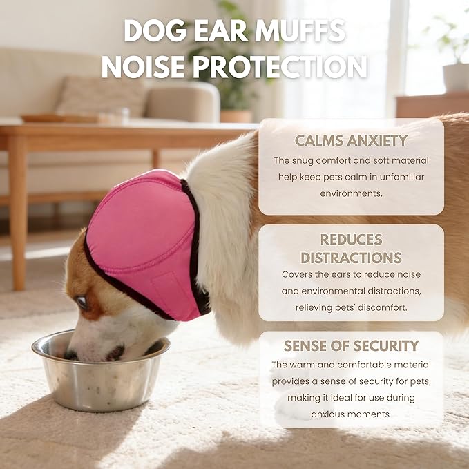 Waterproof Dog Ear Covers,No Flap Ear Wraps for Dogs,Dog Ear Muffs for Noise Protection & Anxiety Relief,Adjustable Dog Calming Hoodie Shower Cap for Bathing Grooming(Fuchsia,L)