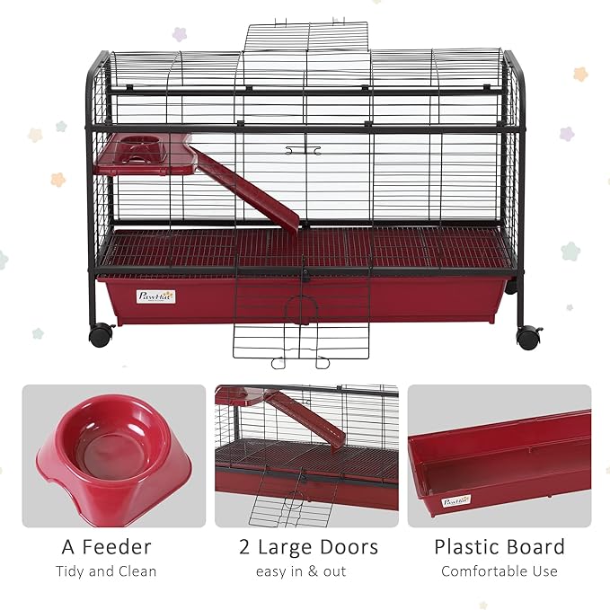 PawHut 41" L Small Animal Cage Rabbit Hutch Ferret Pet Play House with Feeder, Rolling Wheels, Platform, Ramp, Red
