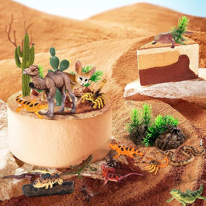 SIENON 32Pcs Desert Animal Figures Playset Model Trees Cactus Kit Diorama Project with Camel Fennec Fox Rattlesnake Scorpion Lizard Reptile Toy for Kids Birthday Cake Toppers Party Decorations