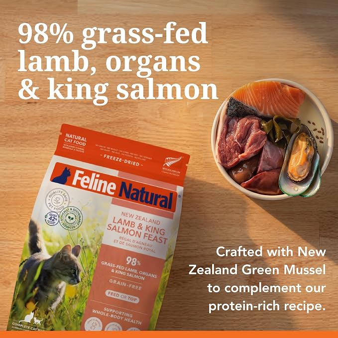 Feline Natural High Protein Dry Cat Food, Freeze-Dried Diet with 98% Meat, Organs & Seafood, No Peas, Grains, or Artificial Additives, Made in New Zealand, Lamb & King Salmon, 1.8lb