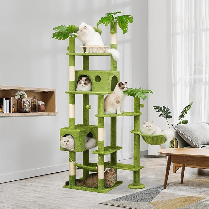 Meecal 77in Large Cat Tower for Heavy Duty Big Cats, Tall Cat Tree with Leaves - Scratching Post, Two Cat Condos, Soft Hammocks, Padded Perches & Dangling Balls, Green