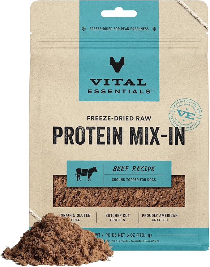 Vital Essentials Freeze Dried Dog Food Topper, Raw Beef Ground Topper for Dogs | Complete Meal or Topper | High Protein, Grain Free Dry Dog Food Mix-in | 6 oz Bag