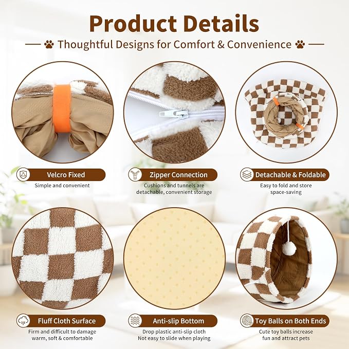 BWOGUE Bunny Tunnel Bed, 2-in-1 Collapsible Tunnel Tubes Toys with Removable Mat Hideout for Cats Kittens Rabbits Guinea Pigs Kitty (Brown Checks)
