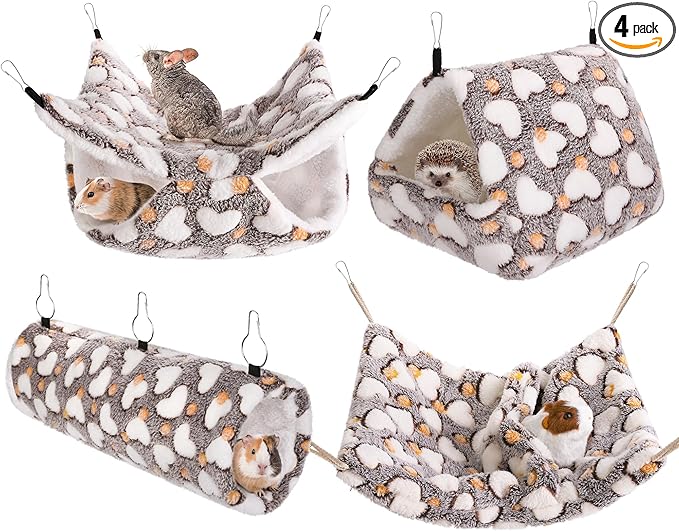 MCEAST 4 Pieces Small Pets Cage Accessories Hanging Hammock Sleeping Bag Tunnel and Bed Hideout Set Warm Sleep Nap Sack Bed for Hamster Ferret Squirrel Rabbit, Coffee Hearts