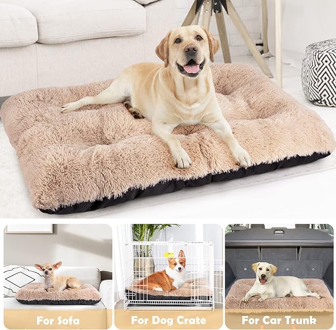 JOEJOY Large Dog Bed Crate Pad, Deluxe Plush Washable Dog Beds Fulffy Soft Kennel Pad Anti-Slip Pet Sleeping Mat for Large Medium Small Dogs, 35" x 23", Beige