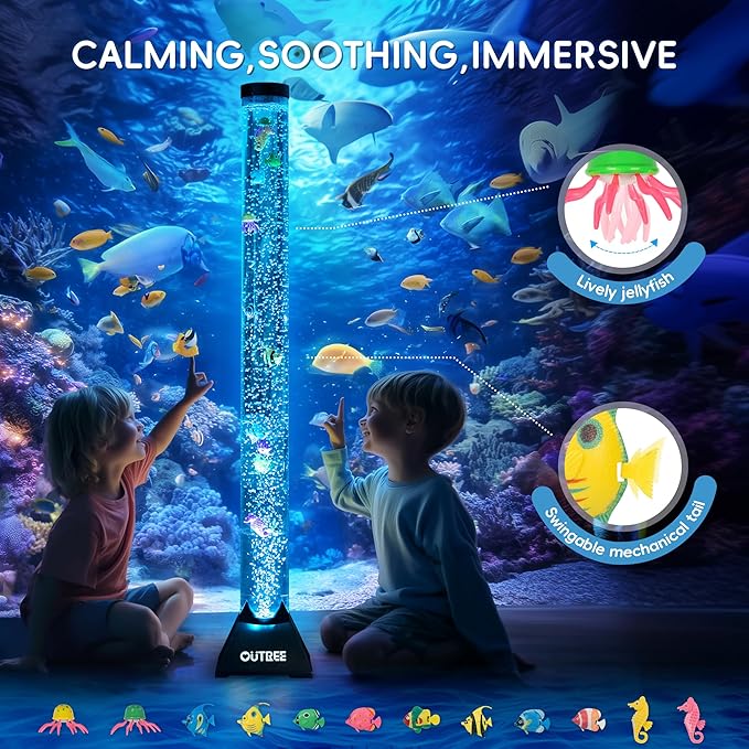 OUTREE 4FT Sensory Tube Lamp, Aquarium Bubble Fish Lamp with Remote Control, 20 Color Changing Effects, 12 Fish Accessories, Bubble Sensory Room, Night Light, Sensory Light for ADHD and Autism (Black)