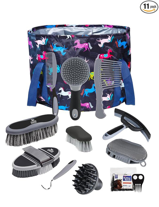 Harrison Howard Complete Horse Grooming Set, 11-Piece Advanced Daily Grooming Tools with Extra Brushes for Full Horse Care Black Brushstroke Ponies