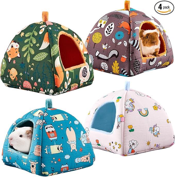 Cinnvoice 4 Pcs Hamster Hideout, Hamster Bed Tunnel, Washable Small House Cage Accessories for Dwarf Rabbits Hedgehog Chinchillas Hamsters Ferrets Bearded Dragons Birds and Rats(Forest, 7 x 6.7 in)