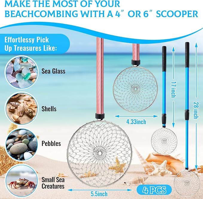 Roshtia 4 Pcs Beach Sand Sifter Set, Adjustable Long Handle Shell Scoop, Shark Tooth Sifter Mesh Shovel for Family Seashell Collecting, Sea Glass Hunting and Beach Treasure Fun