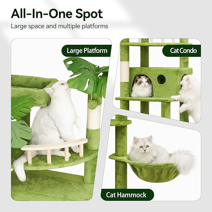Meecal 77in Large Cat Tower for Heavy Duty Big Cats, Tall Cat Tree with Leaves - Scratching Post, Two Cat Condos, Soft Hammocks, Padded Perches & Dangling Balls, Green