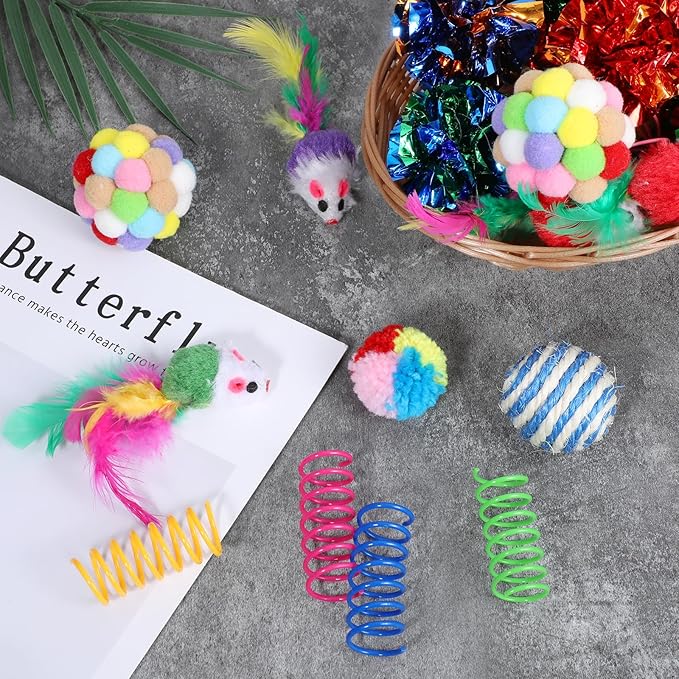 150 Pcs Cat Toys Bulk, Kitten Toys Assorted Cat Toy Variety Pack Cats Toy Bundle with Mice Rainbow Balls/Springs Crinkle Balls/Lattice/Sisal/Table Tennis/Plush/Caged Bell for Indoor Cats Kitty Kitten