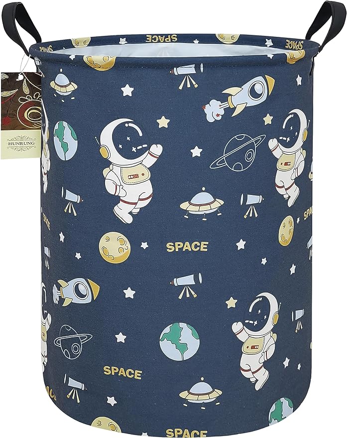 Collapsible Fabric Storage Basket, Waterproof Laundry Hamper with Handles, Round Storage Bin for Clothes Toys, Foldable Organizer for Bedroom Nursery Bathroom(Round-Blue Space Astronaut)