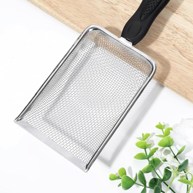 Stainless Steel Mesh Litter Shovel, Metal Non-Slip Black Handle Sifter, Fine Mesh Reptile Cleaner Scooper for Lizard Substrate, Reptile Terrarium Sand & Waste