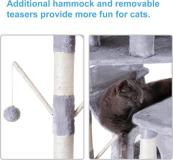 Hey-brother Cat Tree, 71 inches XL Large Cat Tower for Indoor Cats, Multi-Level Cat House with 3 Padded Perches, Big Scratcher, Cozy Basket, 2 Cat Condos and Scratching Posts, Light Gray MPJ034W
