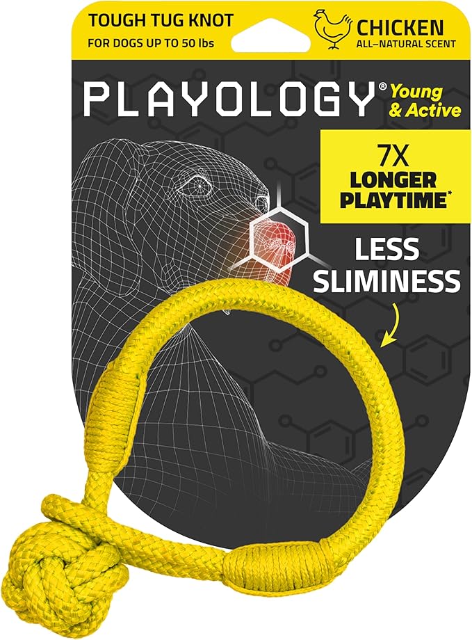 Playology Dog Toys | Tough Tug Knot for Puppies and Young Dogs | Chicken Scented Medium Chew Toy Tug Rope | Tug of War Puppy Essentials